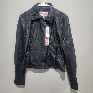 K-Way Black Windbreaker with Glossy Finish and Zipper Closure